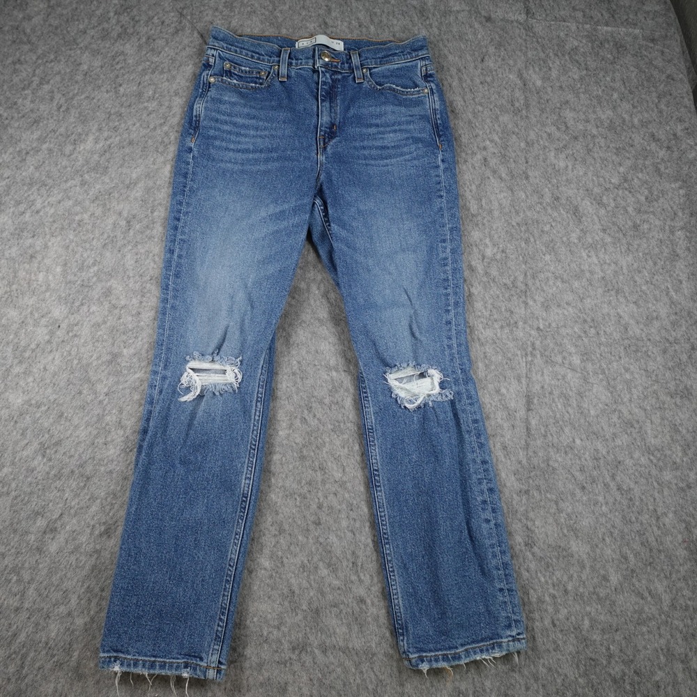 AYR Jeans Women 28 Blue Distressed Ripped Knee High Rise Straight Leg Denim
